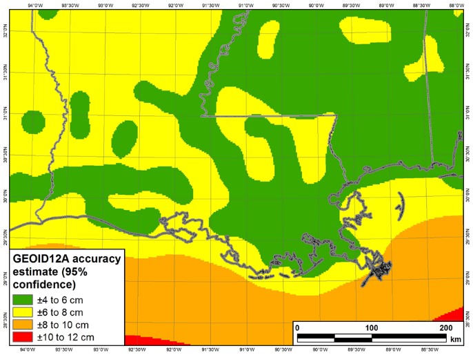 NGS plot shows GEOID12a produces 95% confidence at ± 4 to 8 cm in Louisiana